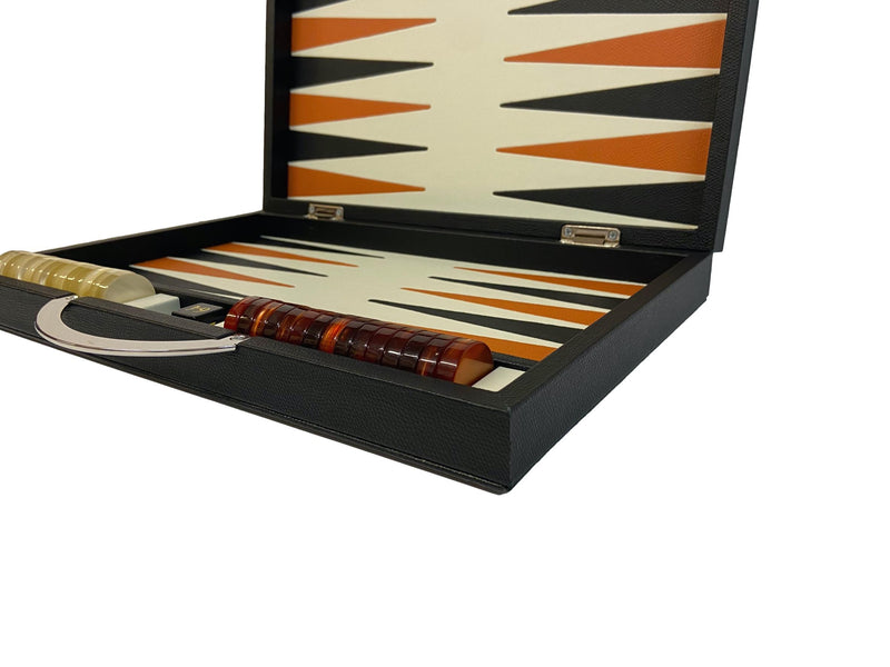 Backgammon Cuir véritable GM - Noir / Orange - Renzo Romagnoli