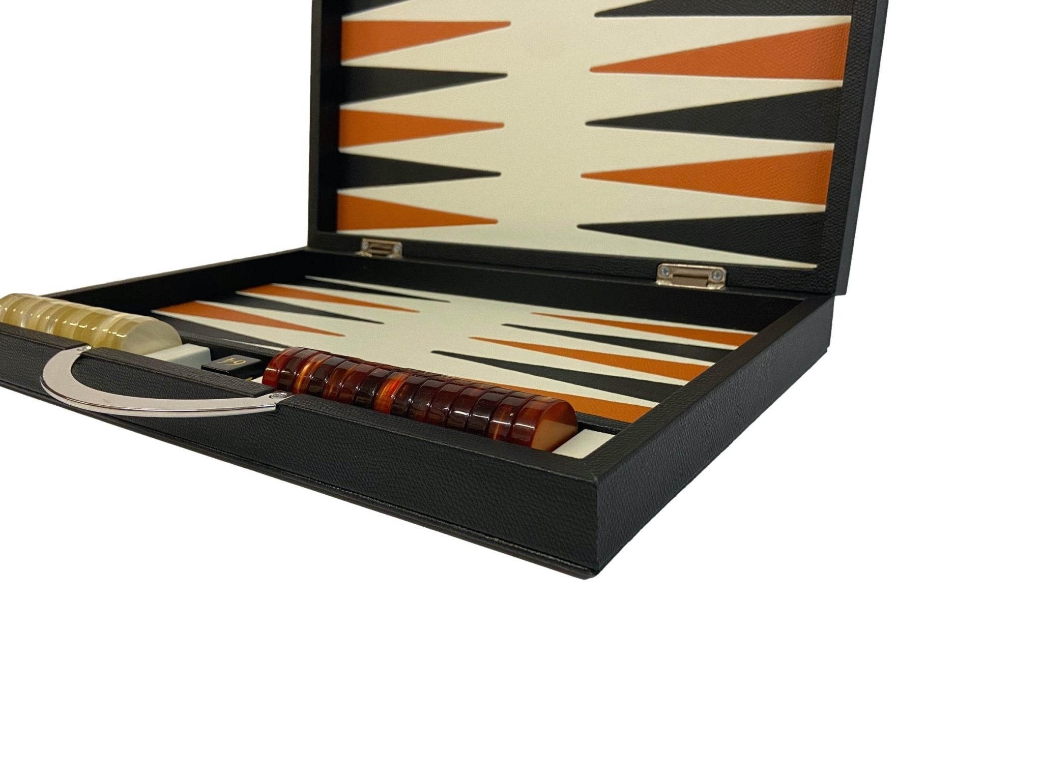 Backgammon Cuir véritable GM - Noir / Orange - Renzo Romagnoli - Backgammon en cuir cadeau bel objet - Rouge et Noir