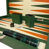 Backgammon Cuir véritable GM - Vert / Orange - Renzo Romagnoli - Backgammon en cuir - Rouge et Noir