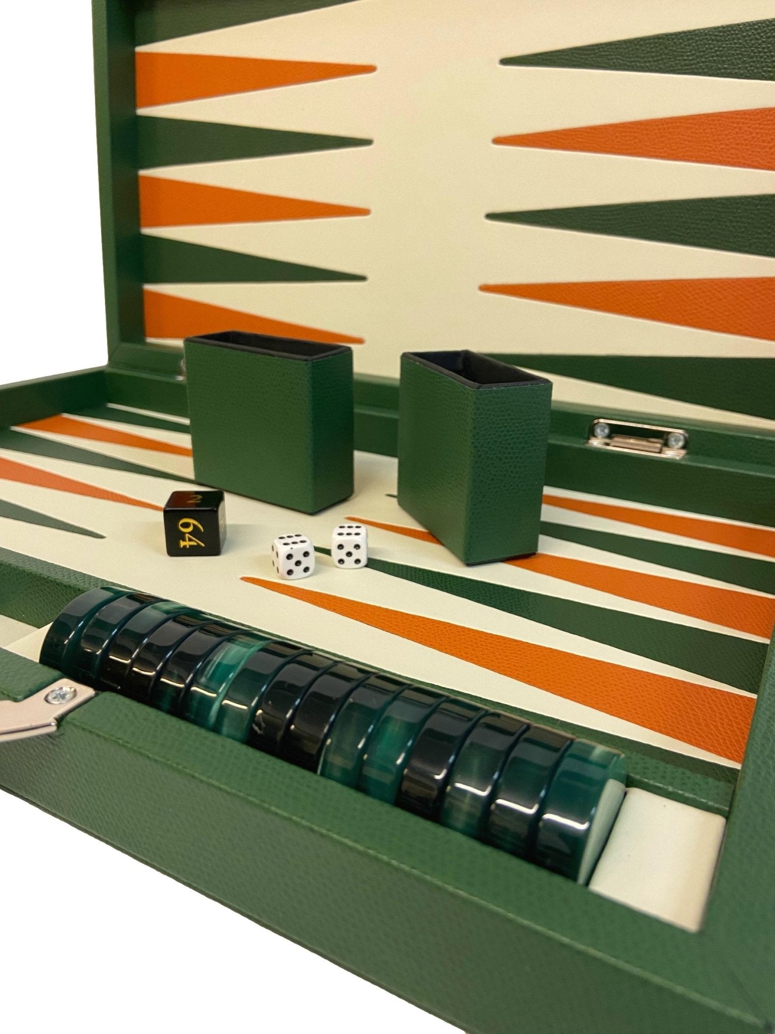 Backgammon Cuir véritable GM - Vert / Orange - Renzo Romagnoli - Backgammon en cuir - Rouge et Noir