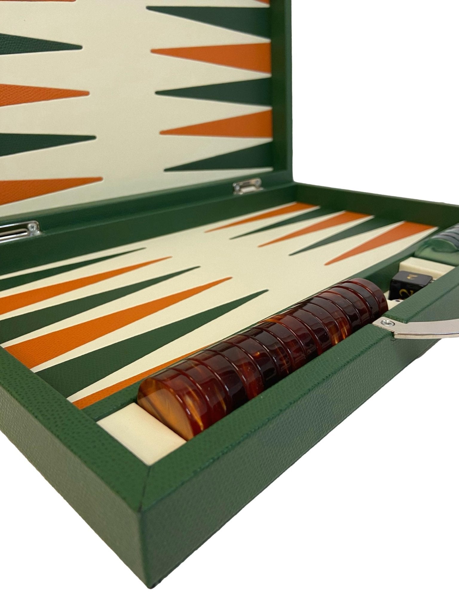 Backgammon Cuir véritable GM - Vert / Orange - Renzo Romagnoli - Backgammon en cuir - Rouge et Noir