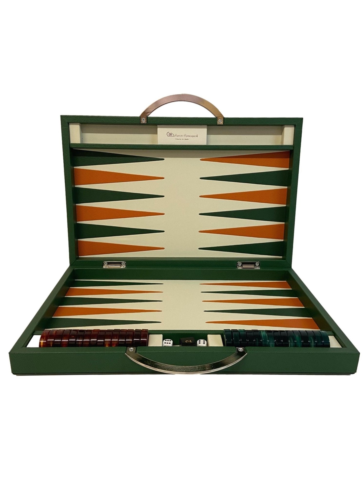 Backgammon Cuir véritable GM - Vert / Orange - Renzo Romagnoli - Backgammon en cuir - Rouge et Noir