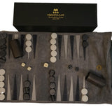 Backgammon de voyage - Roulable - Cuir Gris - Backgammon en cuir de voyage - Rouge et Noir