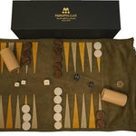 Backgammon de voyage - Roulable - Cuir Kaki - Backgammon en cuir de voyage - Rouge et Noir