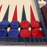 Backgammon en Cuir véritable MM - Bleu croco - Renzo Romagnoli - Backgammon en cuir bel objet - Rouge et Noir