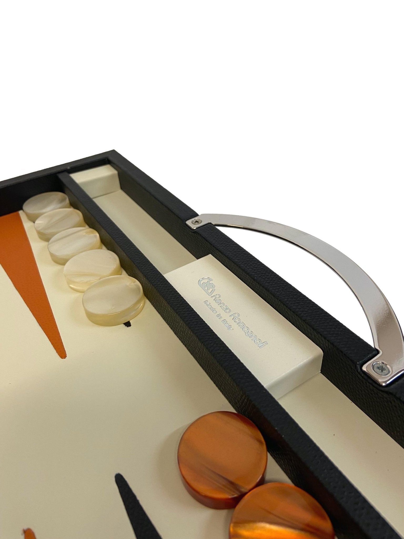 Backgammon en Cuir véritable MM - Noir / Orange - Renzo Romagnoli - Backgammon en cuir - Rouge et Noir