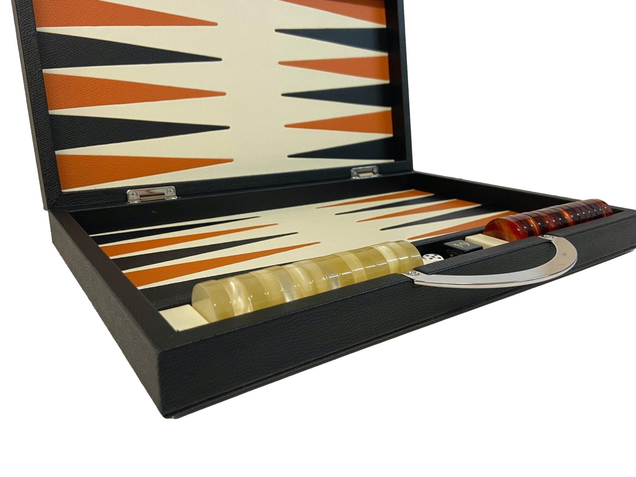 Backgammon en Cuir véritable MM - Noir / Orange - Renzo Romagnoli - Backgammon en cuir - Rouge et Noir