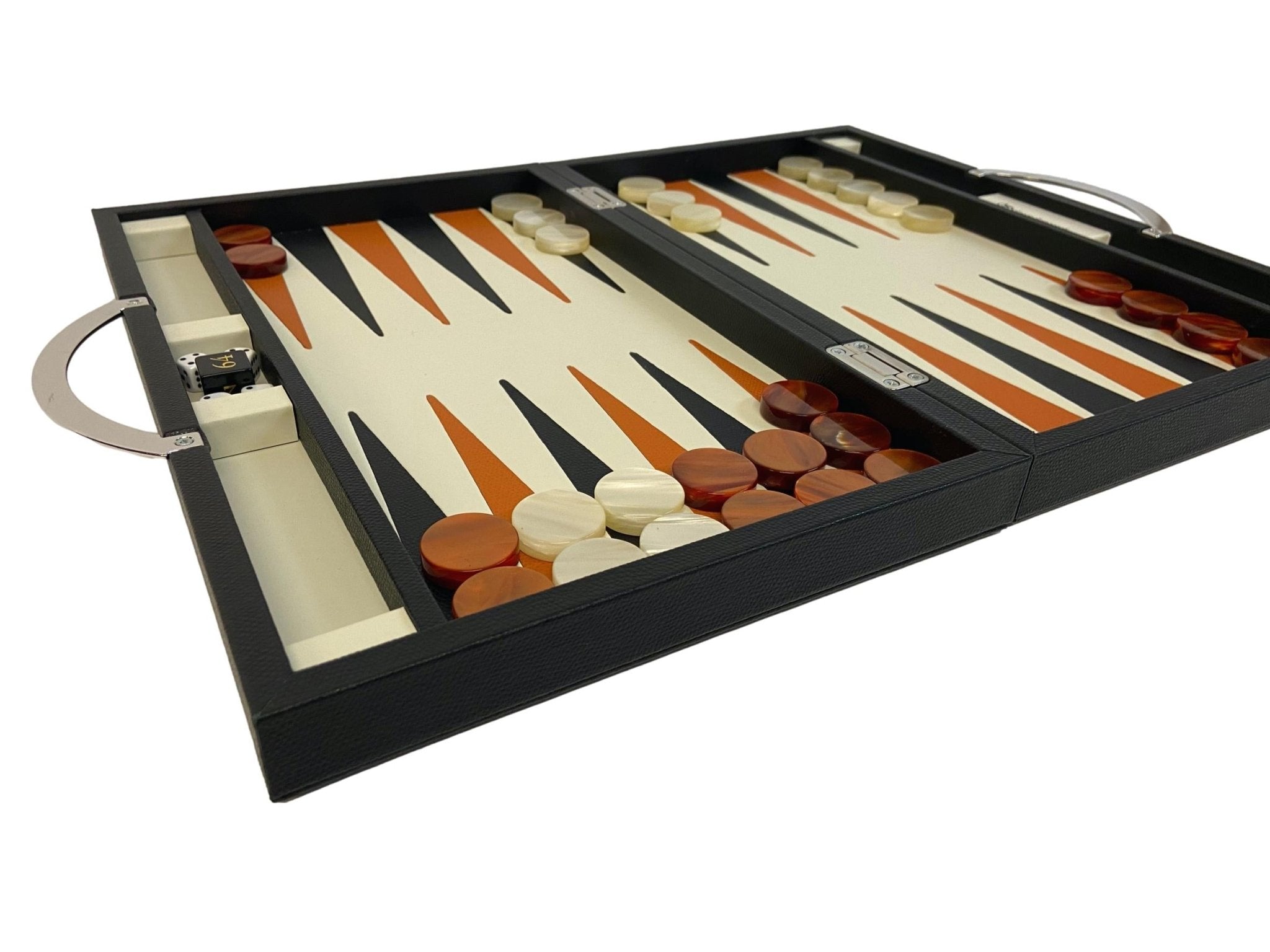 Backgammon en Cuir véritable MM - Noir / Orange - Renzo Romagnoli - Backgammon en cuir - Rouge et Noir