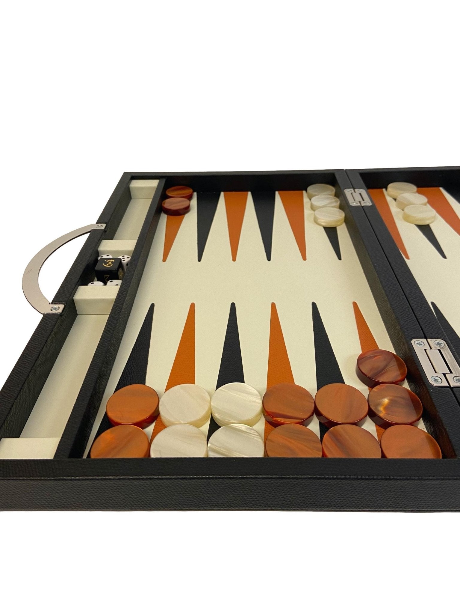 Backgammon en Cuir véritable MM - Noir / Orange - Renzo Romagnoli - Backgammon en cuir - Rouge et Noir