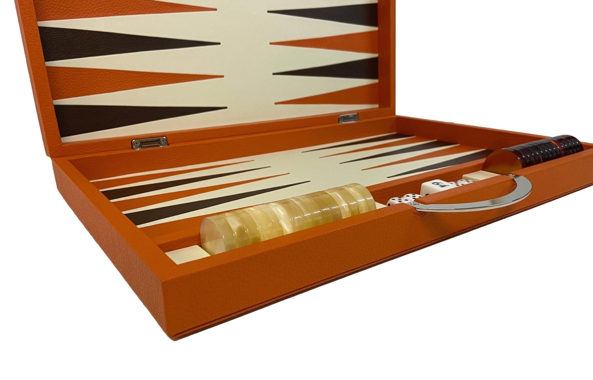 Backgammon en Cuir véritable MM - Orange - Renzo Romagnoli - Backgammon en cuir - Rouge et Noir