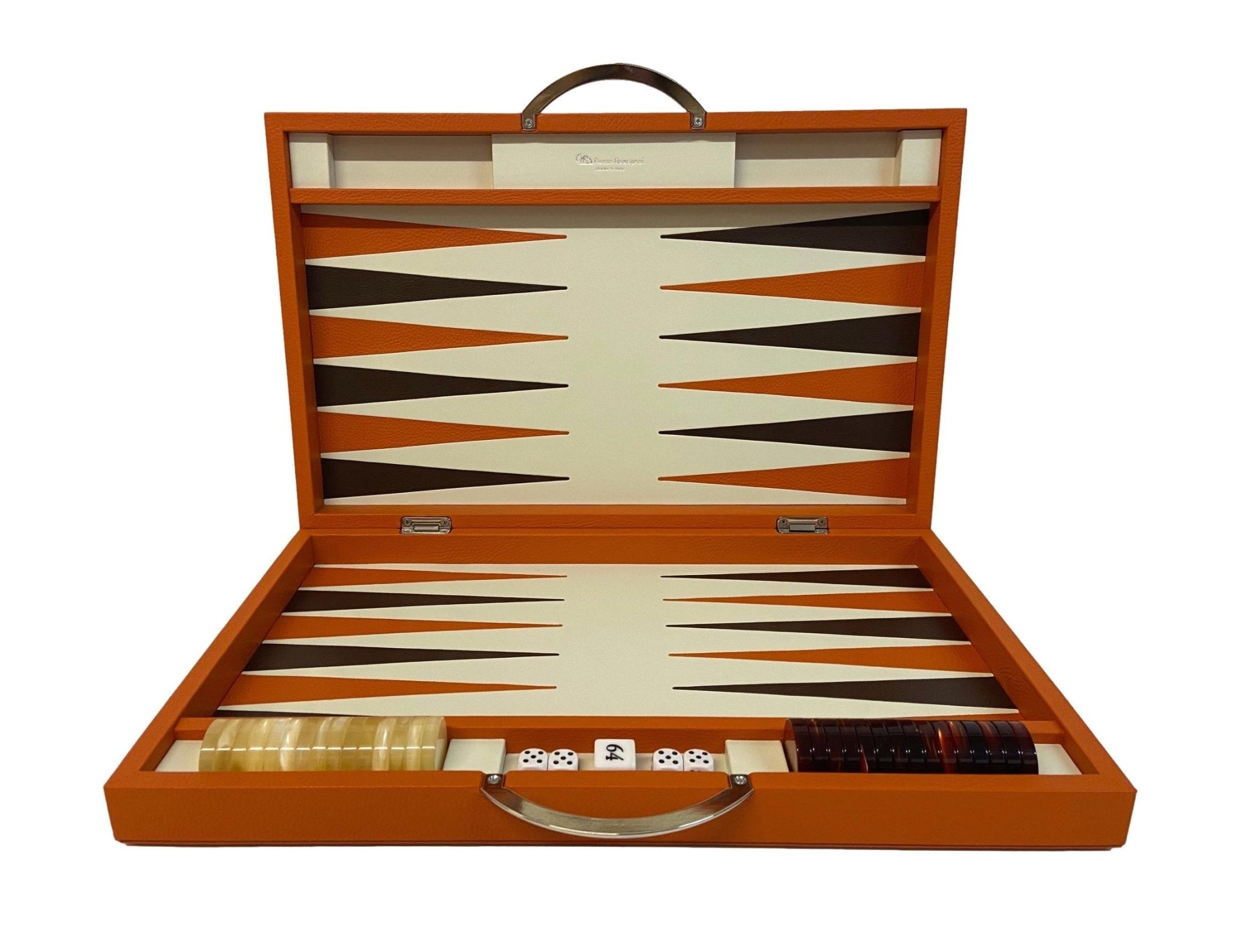 Backgammon en Cuir véritable MM - Orange - Renzo Romagnoli - Backgammon en cuir - Rouge et Noir