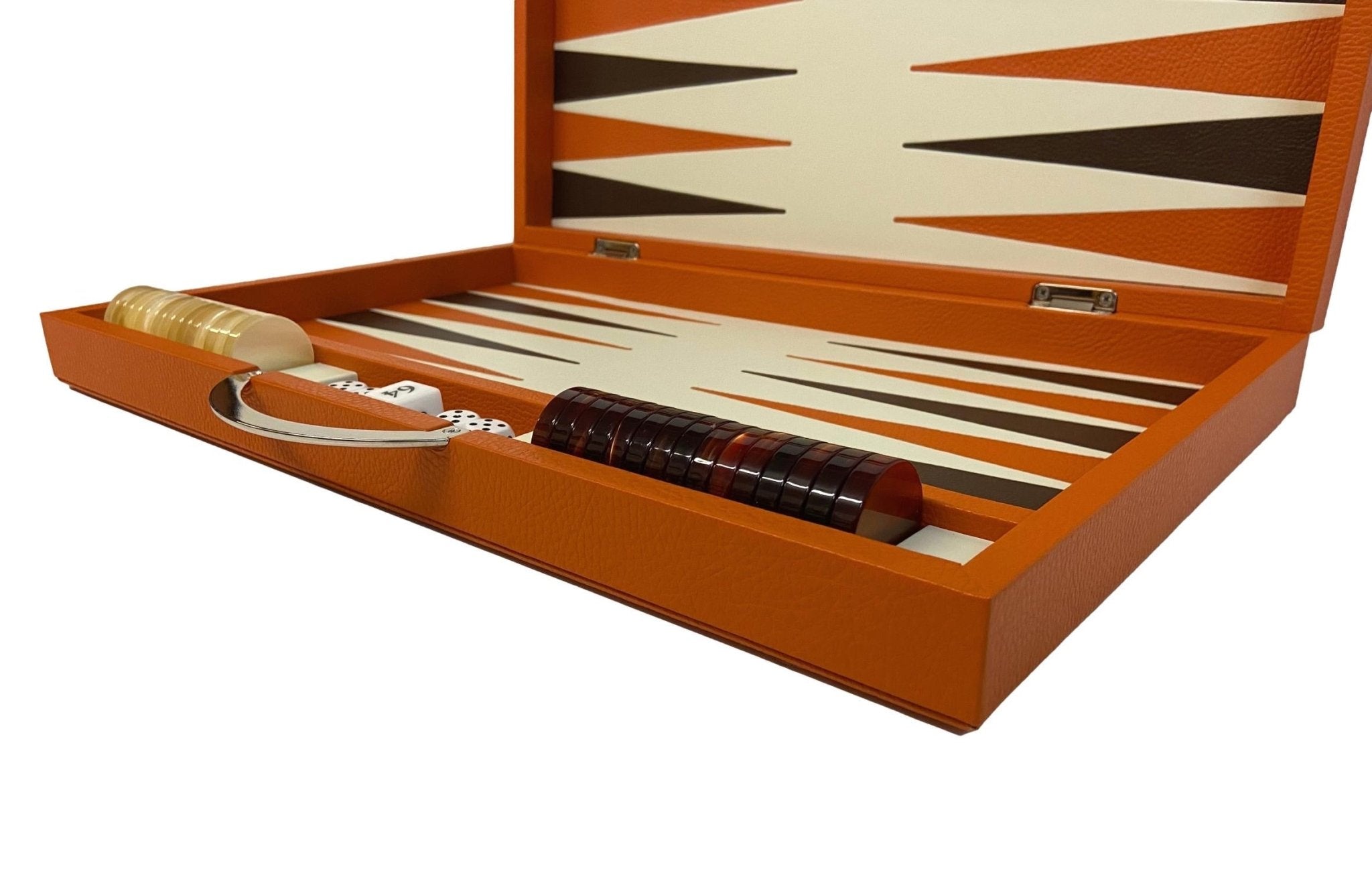 Backgammon en Cuir véritable MM - Orange - Renzo Romagnoli - Backgammon en cuir - Rouge et Noir
