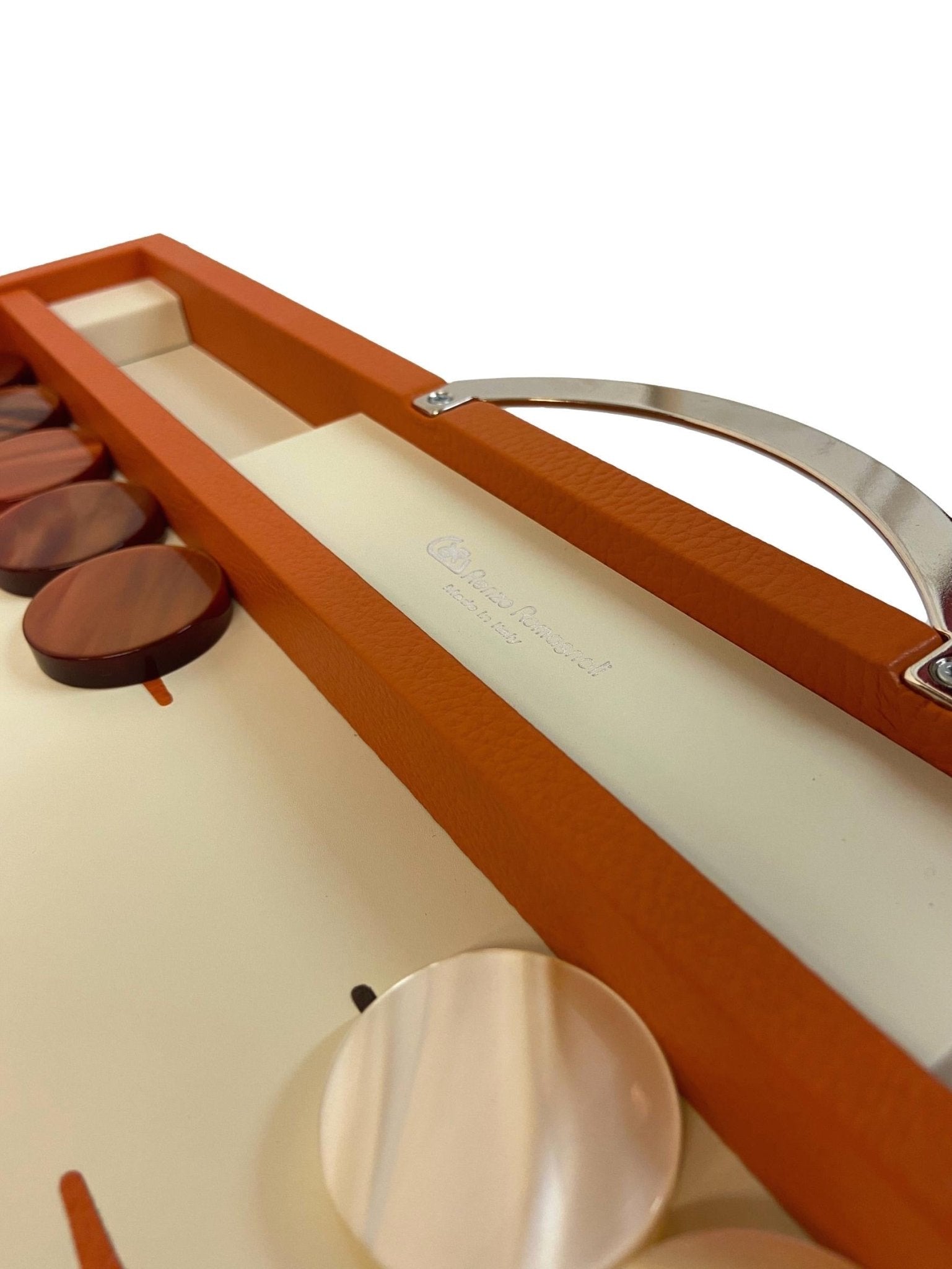 Backgammon en Cuir véritable MM - Orange - Renzo Romagnoli - Backgammon en cuir - Rouge et Noir