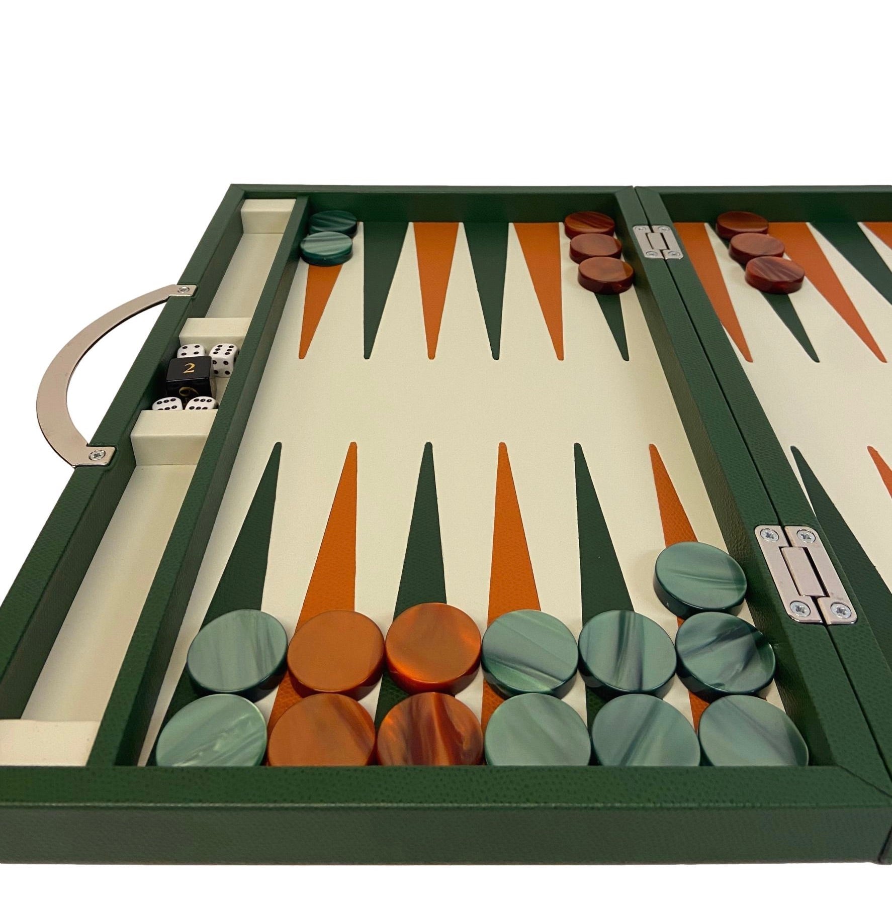 Backgammon en Cuir véritable MM - Vert/Orange - Renzo Romagnoli - Backgammon en cuir - Rouge et Noir