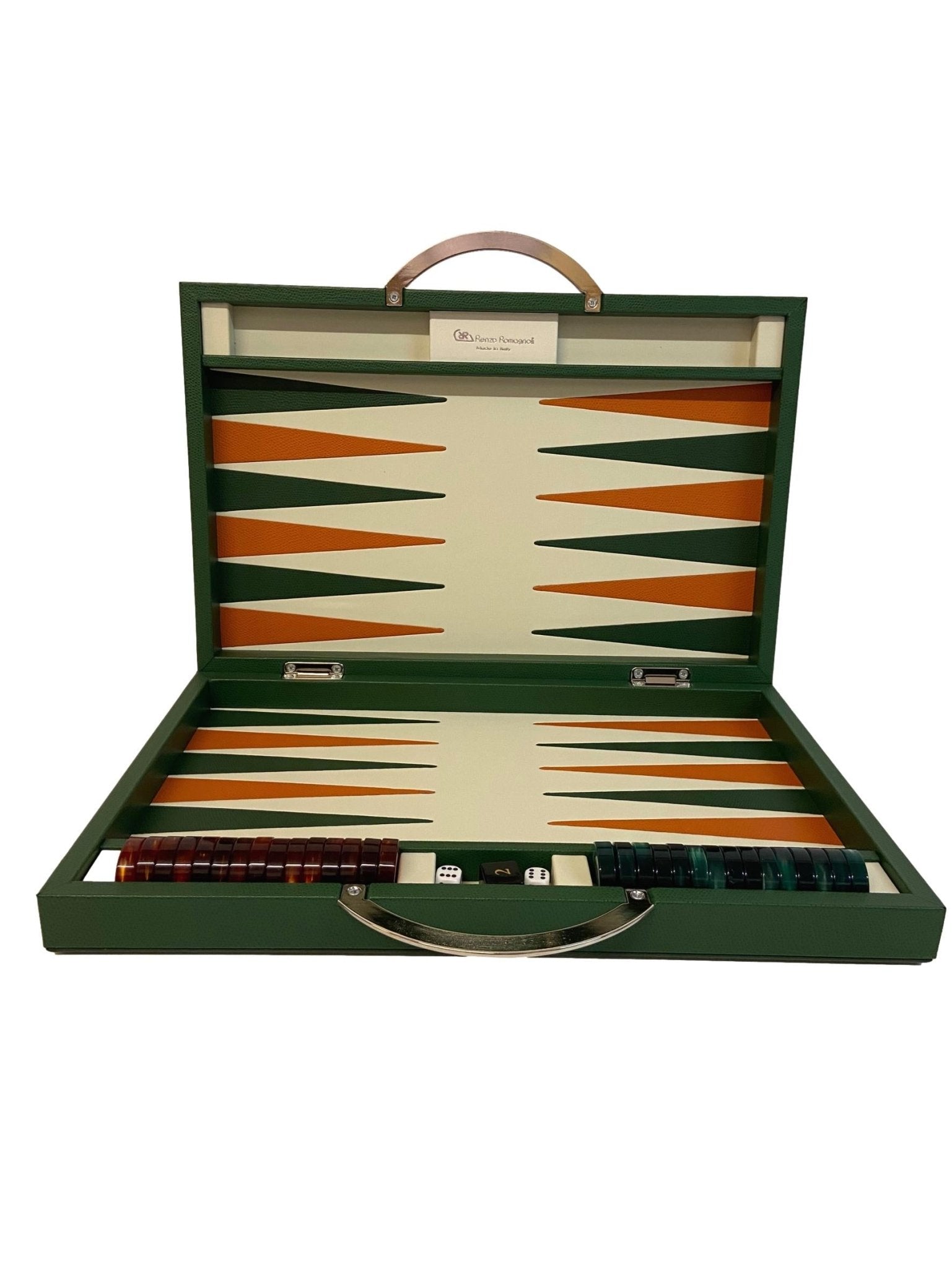 Backgammon en Cuir véritable MM - Vert/Orange - Renzo Romagnoli - Backgammon en cuir - Rouge et Noir