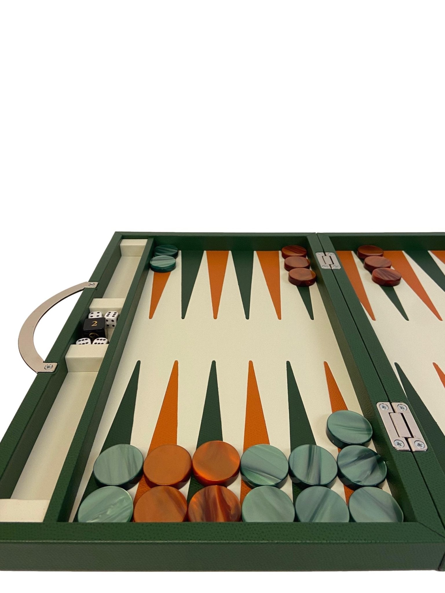 Backgammon en Cuir véritable MM - Vert/Orange - Renzo Romagnoli - Backgammon en cuir - Rouge et Noir