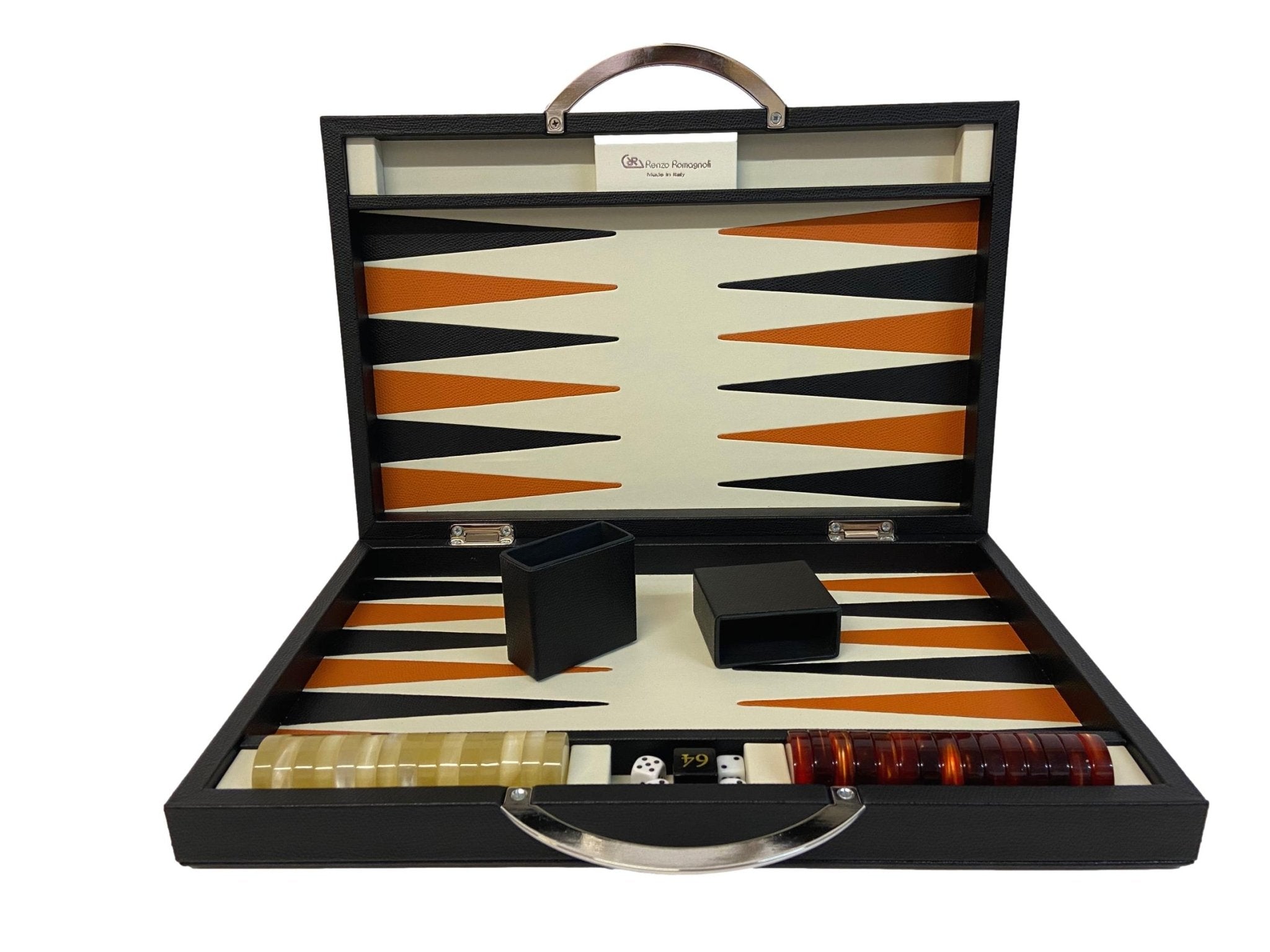 Backgammon en Cuir véritable MM - Vert/Orange - Renzo Romagnoli - Backgammon en cuir - Rouge et Noir