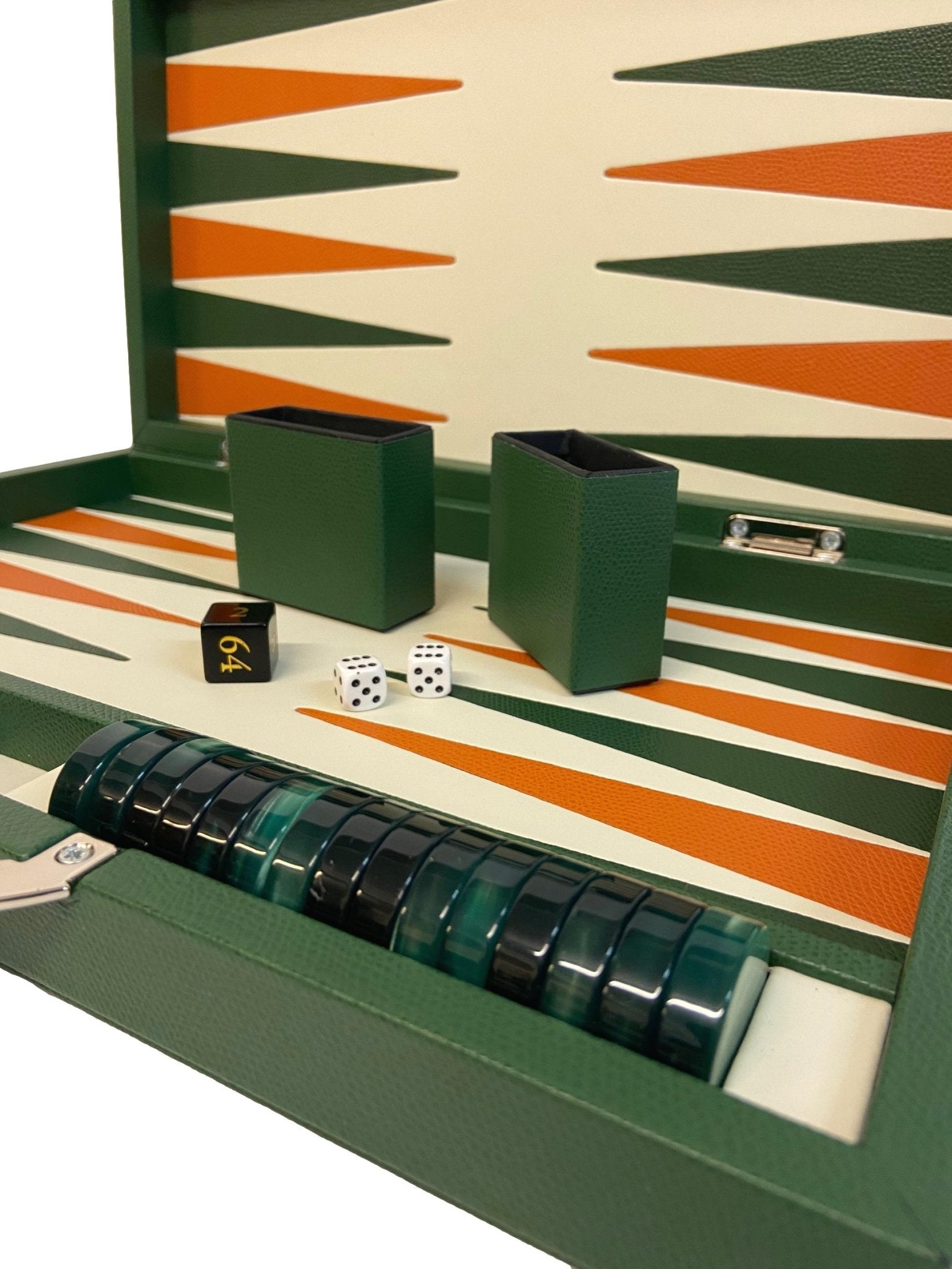 Backgammon en Cuir véritable MM - Vert/Orange - Renzo Romagnoli - Backgammon en cuir - Rouge et Noir