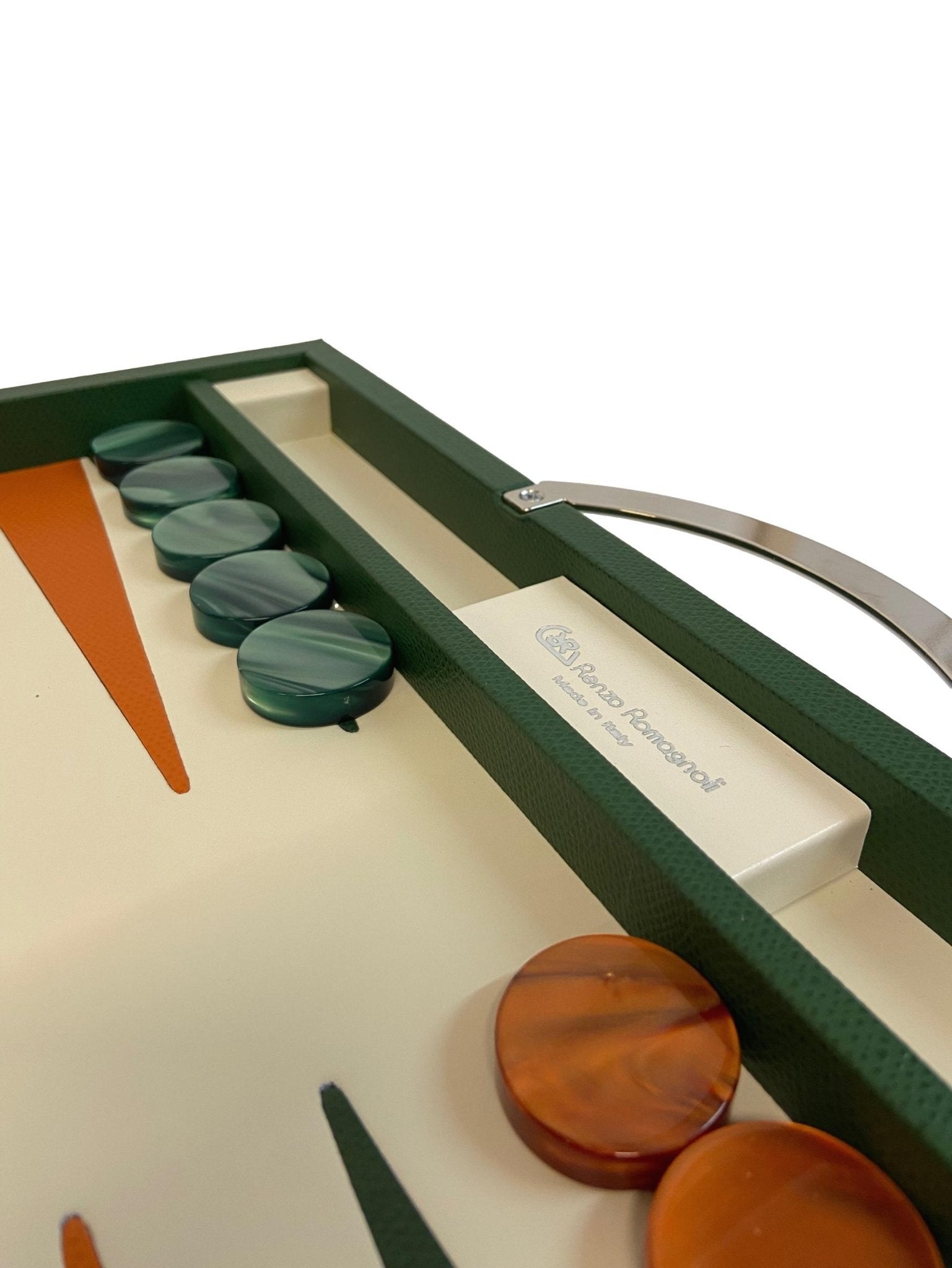 Backgammon en Cuir véritable MM - Vert/Orange - Renzo Romagnoli - Backgammon en cuir - Rouge et Noir