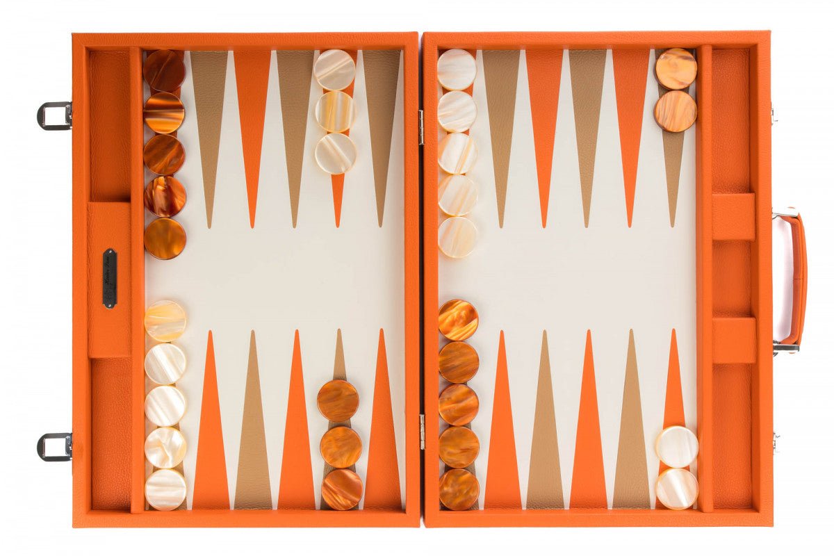 Backgammon Hector Saxe - Buffle Orange - Compétition - Backgammon en cuir - Rouge et Noir