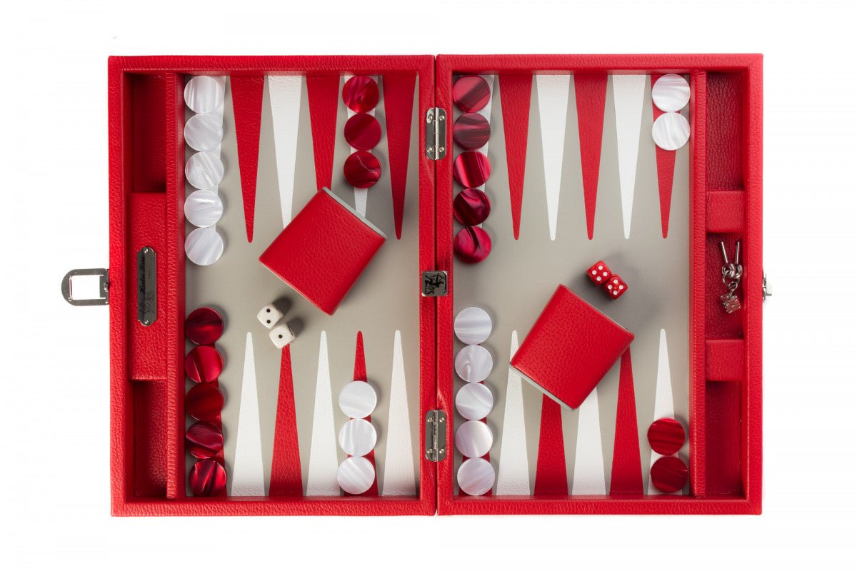 Backgammon Hector Saxe - Buffle rouge - Moyen - Backgammon en cuir bel objet - Rouge et Noir