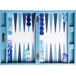 Backgammon Hector Saxe - Cuir Bleu ciel - Moyen - Backgammon en cuir - Rouge et Noir