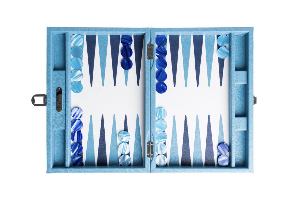 Backgammon Hector Saxe - Cuir Bleu ciel - Moyen - Backgammon en cuir - Rouge et Noir