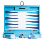 Backgammon Hector Saxe - Cuir Bleu ciel - Moyen - Backgammon en cuir - Rouge et Noir