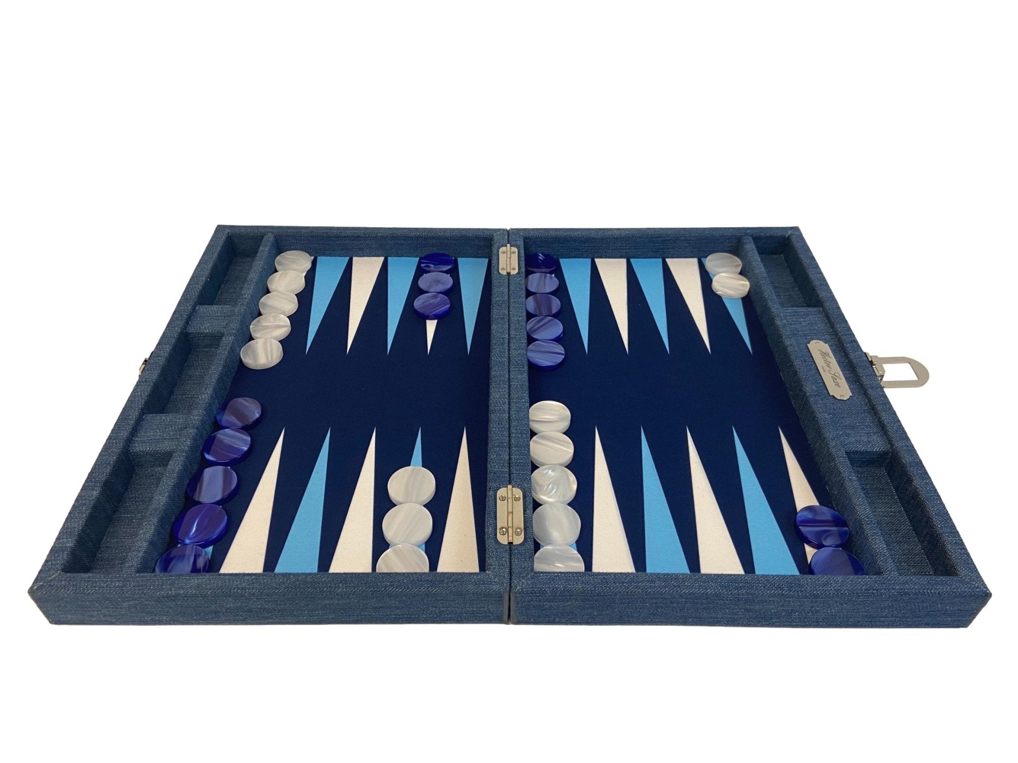 Backgammon Hector Saxe - Jeans Bleu Clair - Grand - Backgammon en cuir vegan - Rouge et Noir