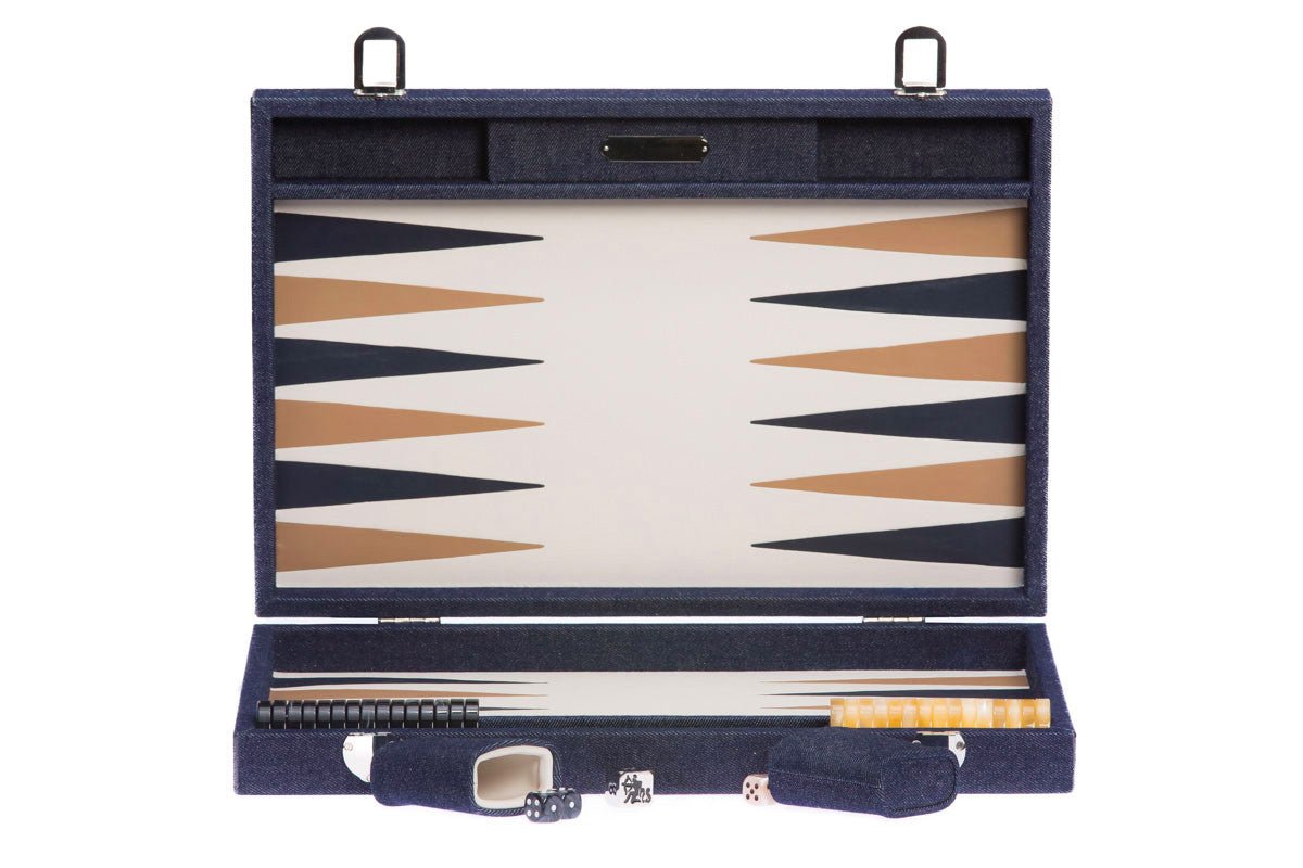 Backgammon Hector Saxe - Jeans / Cuir - Grand - Backgammon en cuir - Rouge et Noir