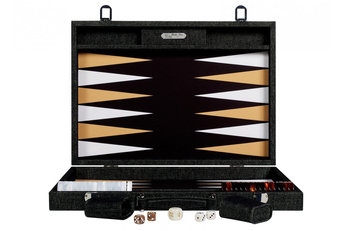 Backgammon Hector Saxe - Jeans Noir / Champagne - Compétition - Backgammon en cuir vegan - Rouge et Noir