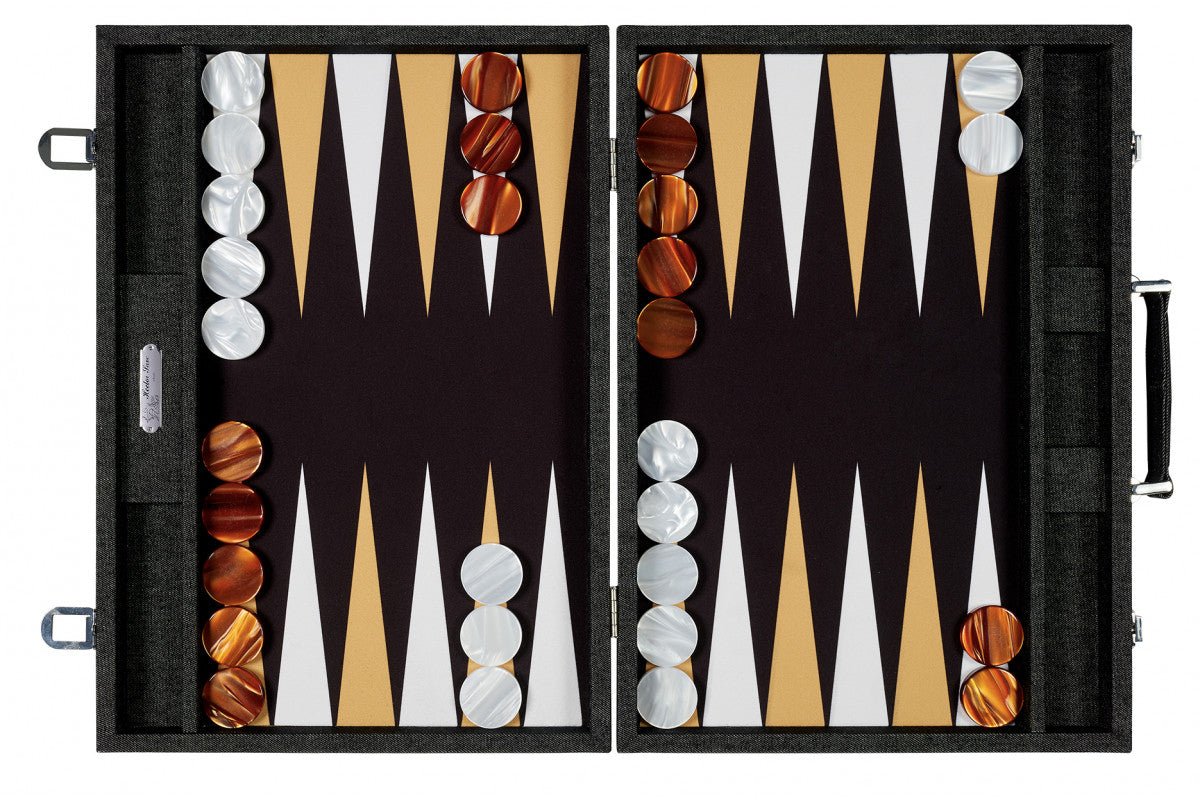Backgammon Hector Saxe - Jeans Noir / Champagne - Compétition - Backgammon en cuir vegan - Rouge et Noir