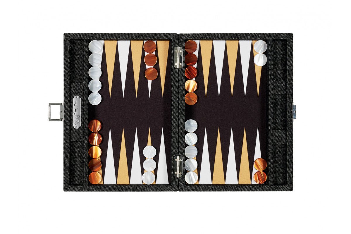 Backgammon Hector Saxe - Jeans Noir / Champagne - Moyen - Backgammon en cuir vegan - Rouge et Noir