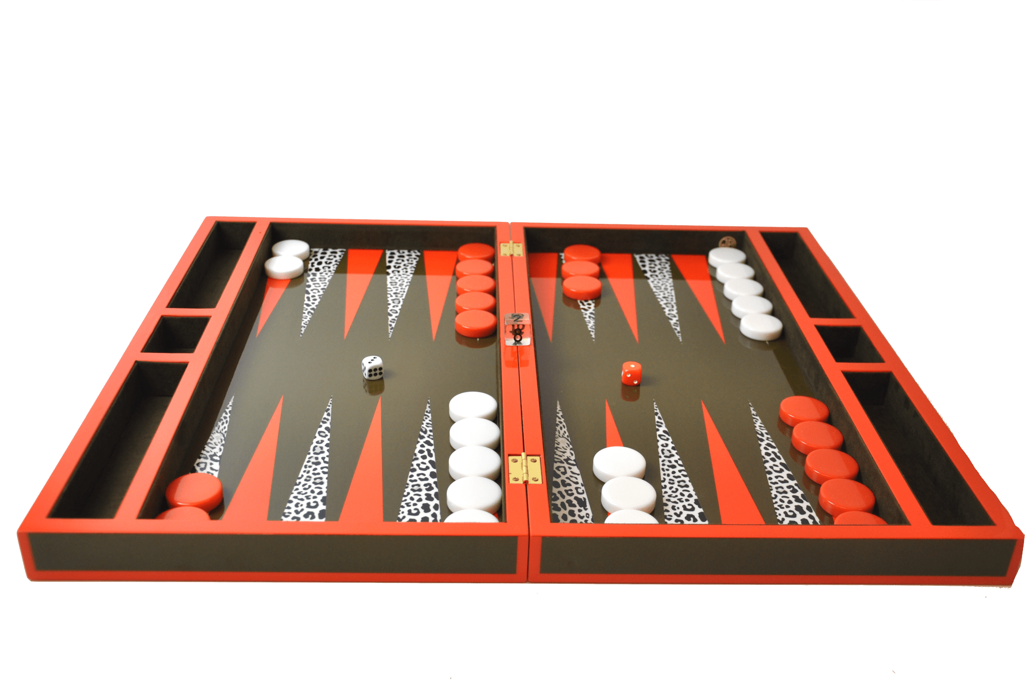 Backgammon Luxe en bois laqué - Léopard - Backgammon en bois laqué de luxe marqueté cadeau adulte - Rouge et Noir