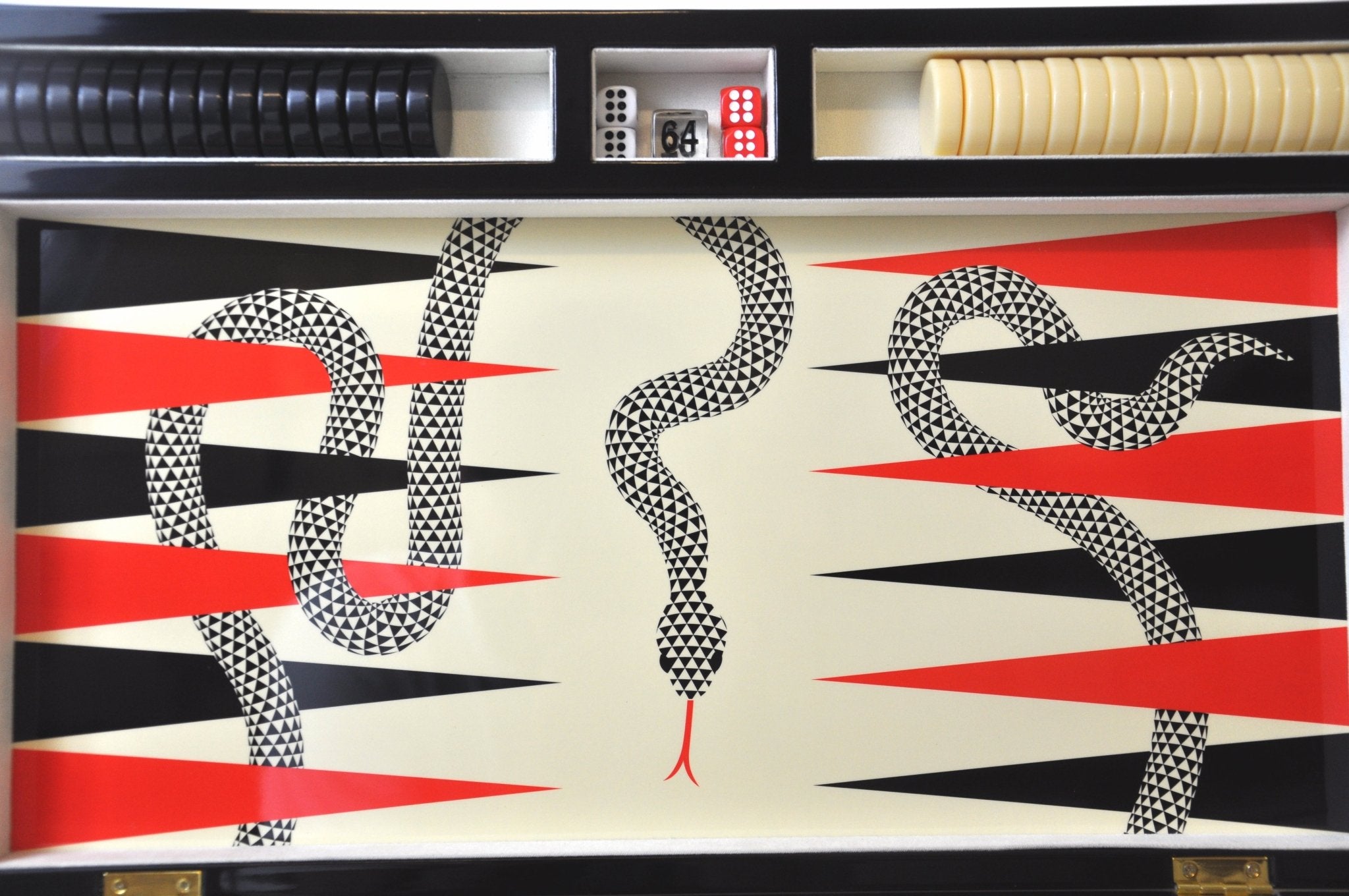 Backgammon Luxe en bois laqué - Serpent - Backgammon en bois laqué de luxe marqueté cadeau adulte - Rouge et Noir