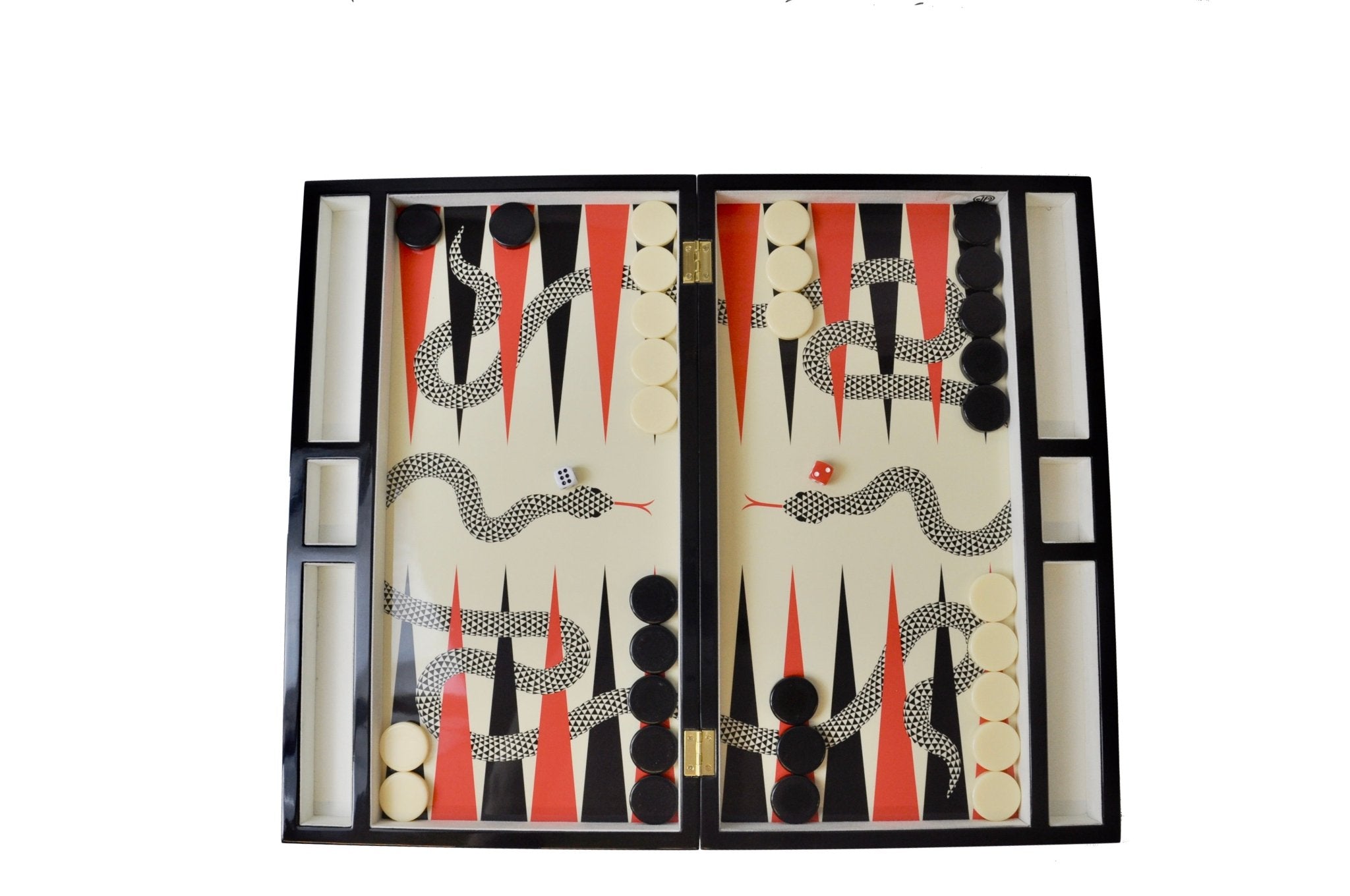 Backgammon Luxe en bois laqué - Serpent - Backgammon en bois laqué de luxe marqueté cadeau adulte - Rouge et Noir
