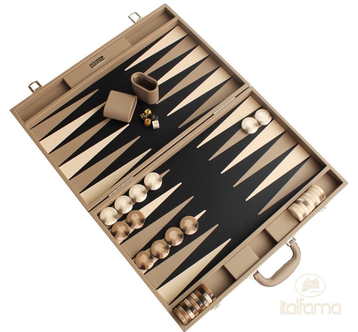 Backgammon luxe style cuir Compétition - Beige et Taupe - Backgammon en cuir vegan luxe - Rouge et Noir