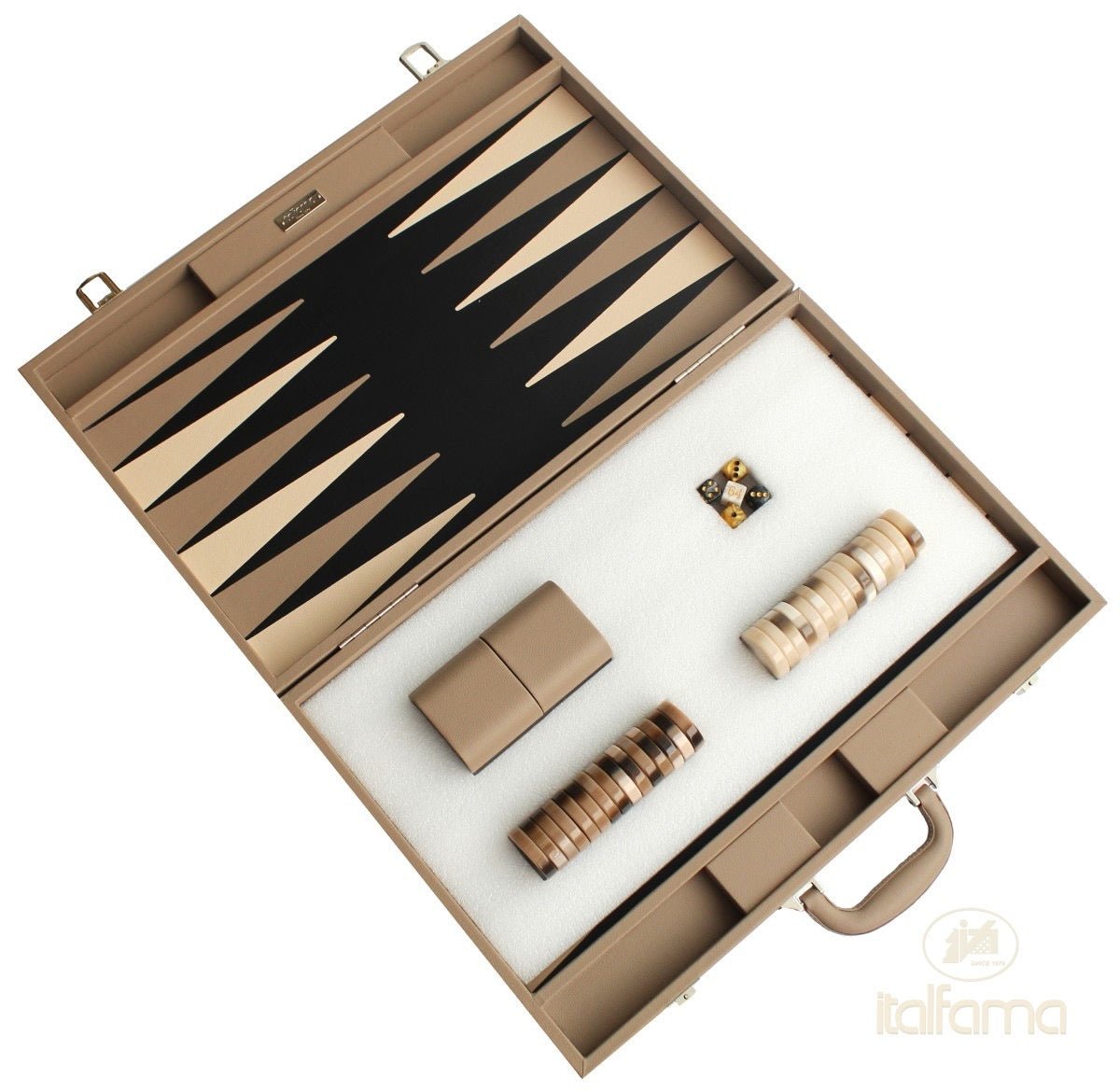 Backgammon luxe style cuir Compétition - Beige et Taupe - Backgammon en cuir vegan luxe - Rouge et Noir