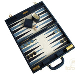 Backgammon luxe style cuir / pions cerclés dorés MM - Bleu - Backgammon en cuir vegan de voyage - Rouge et Noir