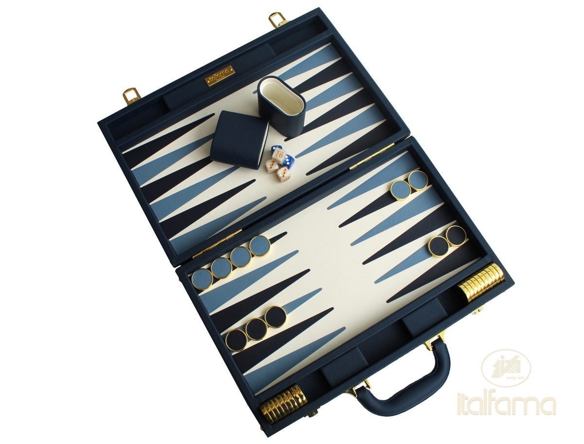Backgammon luxe style cuir / pions cerclés dorés MM - Bleu - Backgammon en cuir vegan de voyage - Rouge et Noir