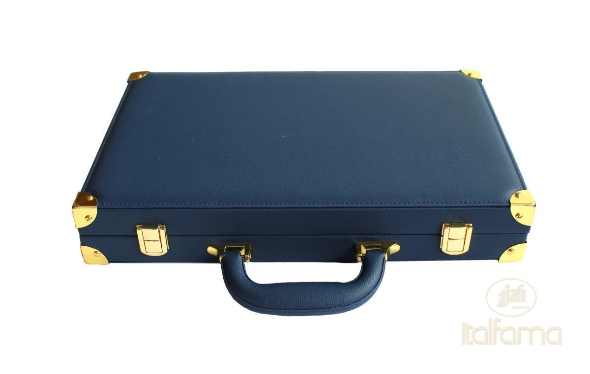 Backgammon luxe style cuir / pions cerclés dorés MM - Bleu - Backgammon en cuir vegan de voyage - Rouge et Noir