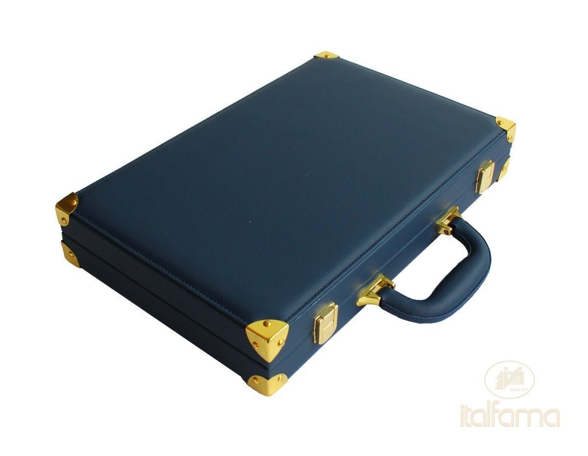 Backgammon luxe style cuir / pions cerclés dorés MM - Bleu - Backgammon en cuir vegan de voyage - Rouge et Noir