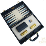 Backgammon luxe style cuir / pions cerclés dorés MM - Bleu - Backgammon en cuir vegan de voyage - Rouge et Noir