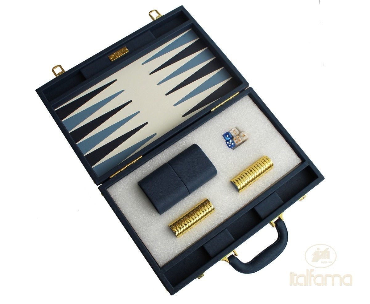 Backgammon luxe style cuir / pions cerclés dorés MM - Bleu - Backgammon en cuir vegan de voyage - Rouge et Noir