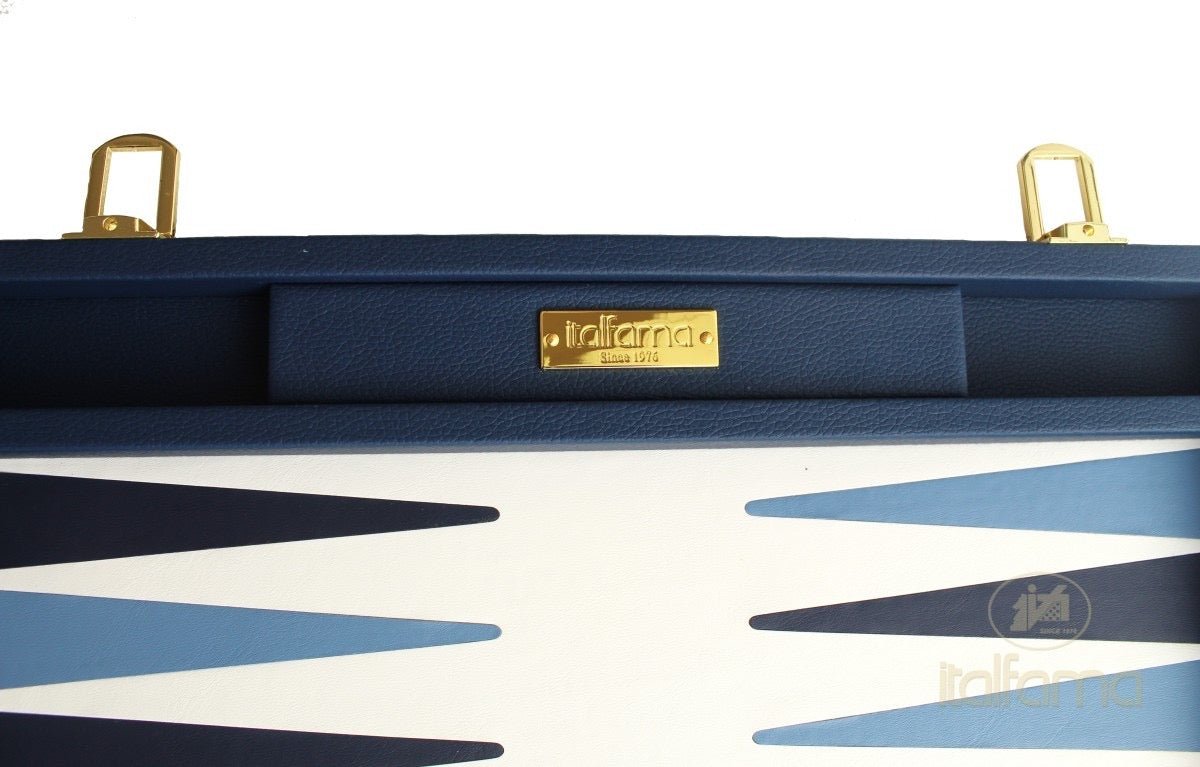 Backgammon luxe style cuir / pions cerclés dorés MM - Bleu - Backgammon en cuir vegan de voyage - Rouge et Noir