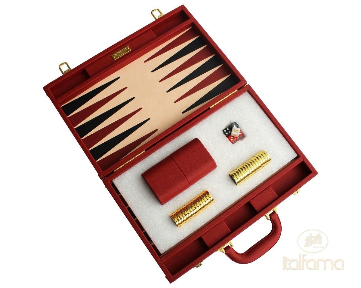 Backgammon luxe style cuir / pions cerclés dorés MM - Rouge - Backgammon en cuir vegan de voyage - Rouge et Noir