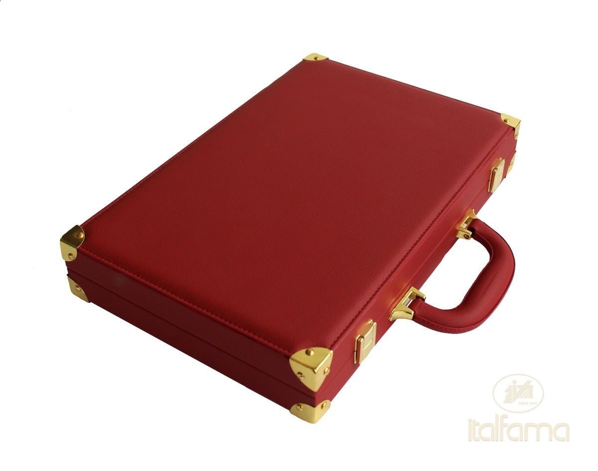Backgammon luxe style cuir / pions cerclés dorés MM - Rouge - Backgammon en cuir vegan de voyage - Rouge et Noir
