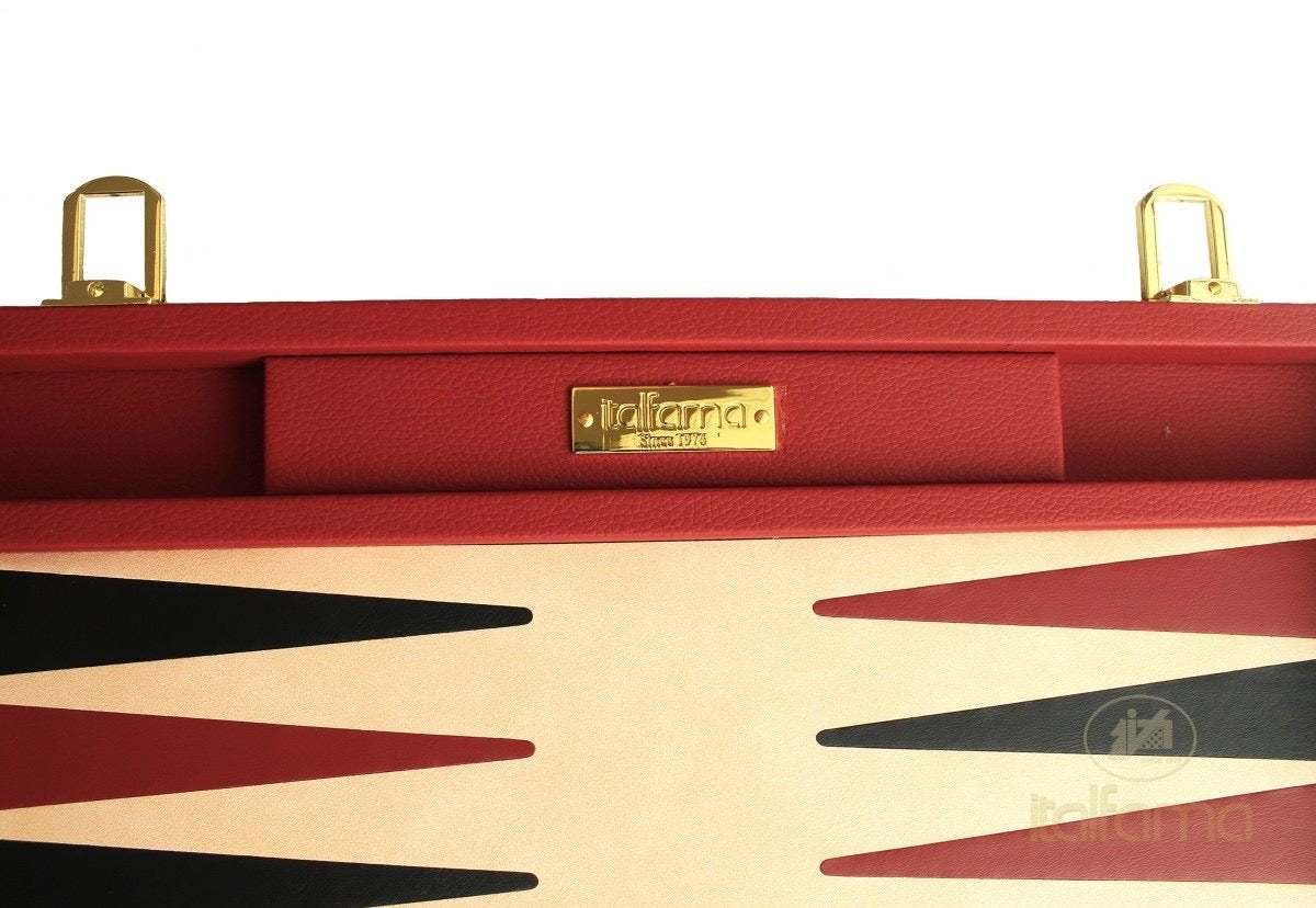 Backgammon luxe style cuir / pions cerclés dorés MM - Rouge - Backgammon en cuir vegan de voyage - Rouge et Noir