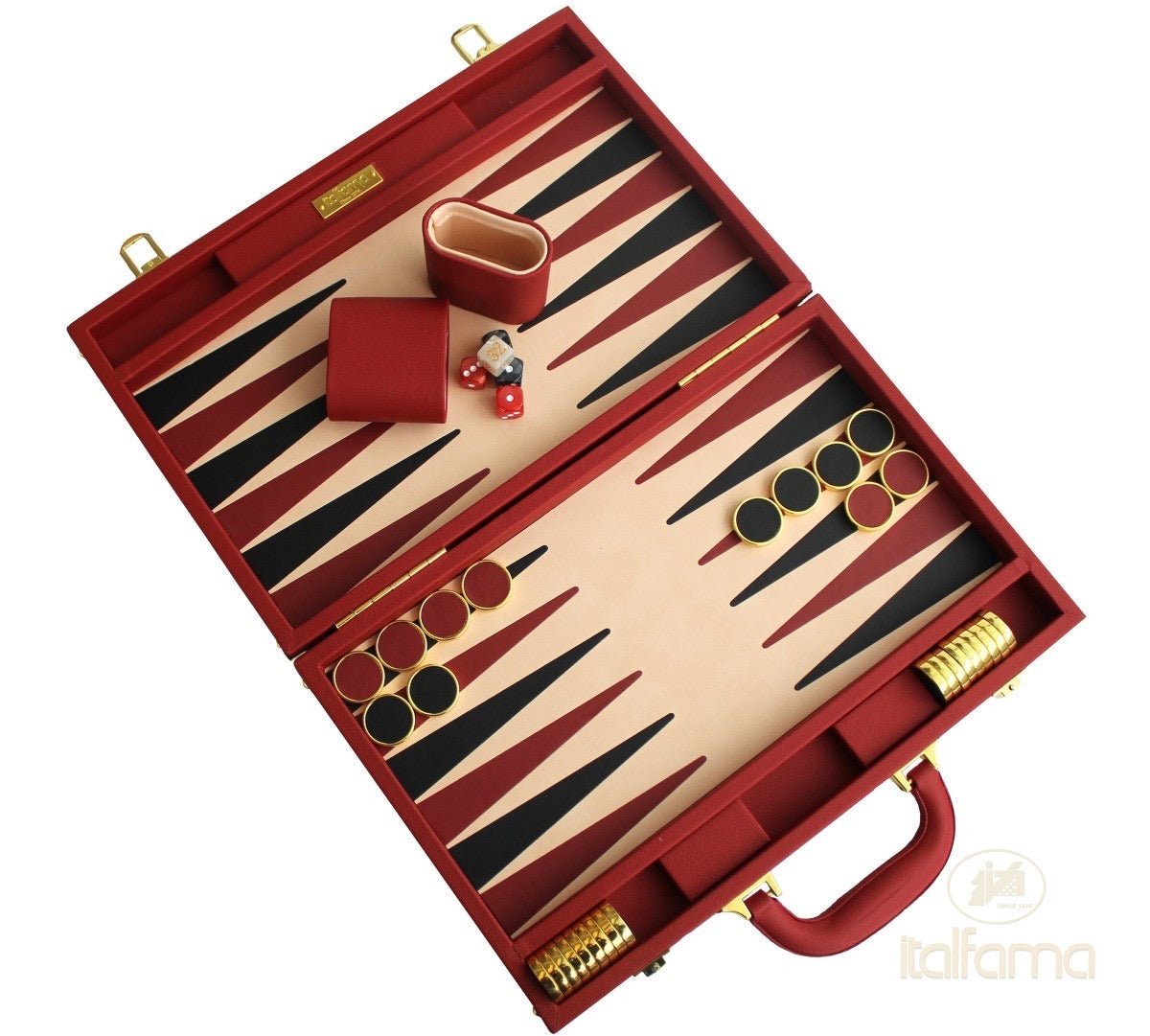 Backgammon luxe style cuir / pions cerclés dorés MM - Rouge - Backgammon en cuir vegan de voyage - Rouge et Noir
