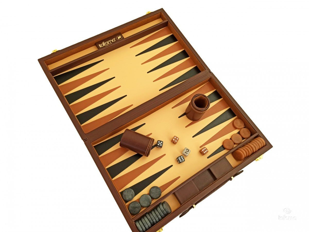 Backgammon marqueté simili cuir - MM - Marron - Backgammon en cuir vegan - Rouge et Noir
